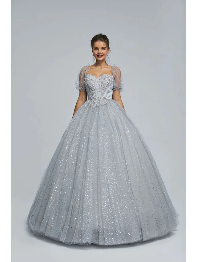 Prom Dresses Princess Dress Graduation Floor Length Short Sleeve Sweetheart Tulle with Sequin Appliques