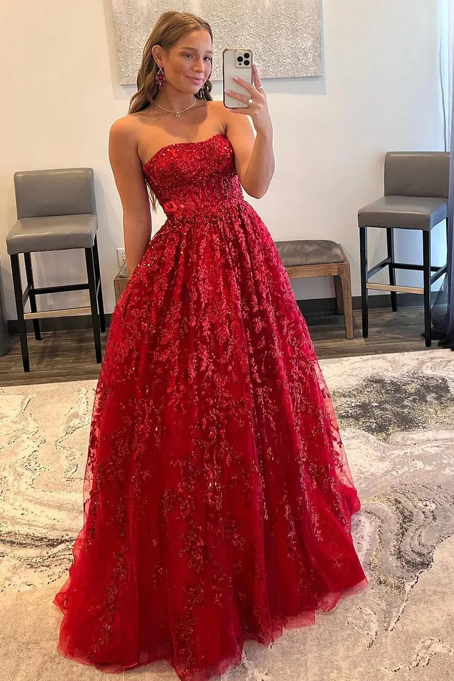 Red A-Line Strapless Sequin Lace Prom Dresses