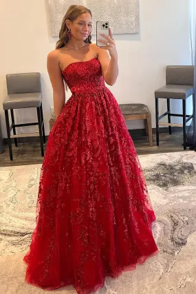 Red A-Line Strapless Sequin Lace Prom Dresses