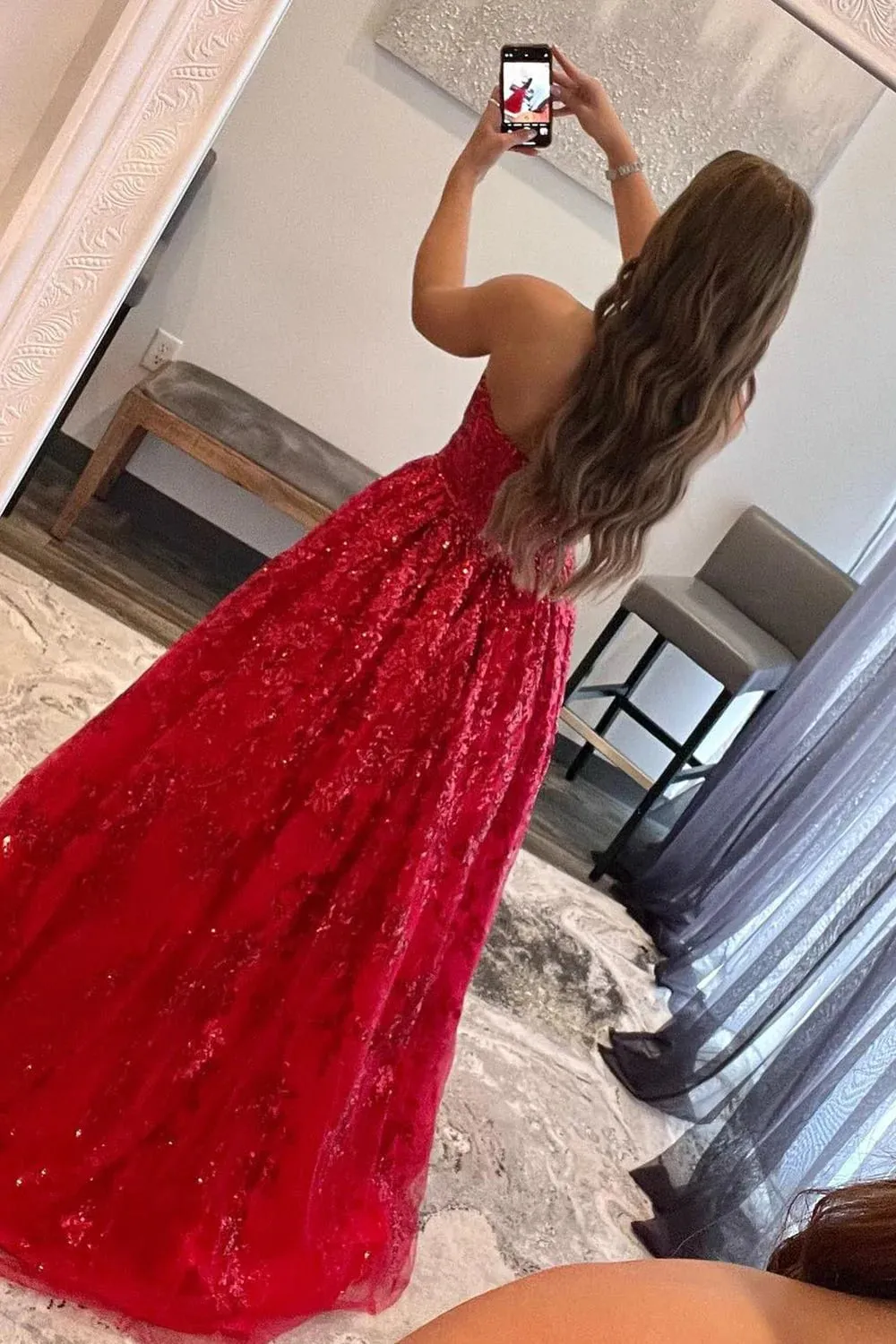 Red A-Line Strapless Sequin Lace Prom Dresses