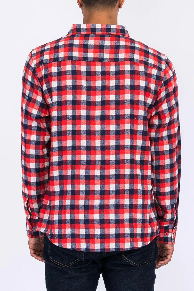 Red Blue Plaid Flannel Shirt Button Down Long Sleeve