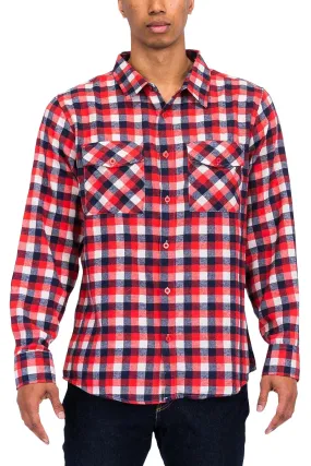 Red Blue Plaid Flannel Shirt Button Down Long Sleeve