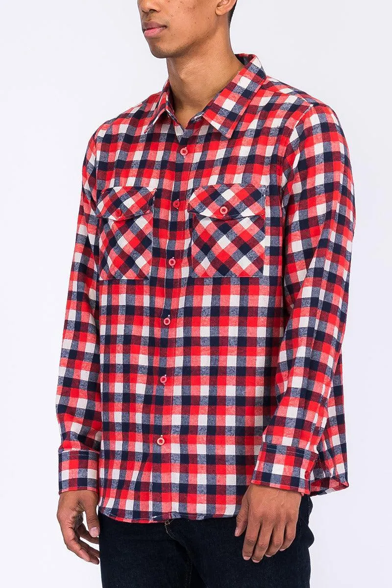 Red Blue Plaid Flannel Shirt Button Down Long Sleeve