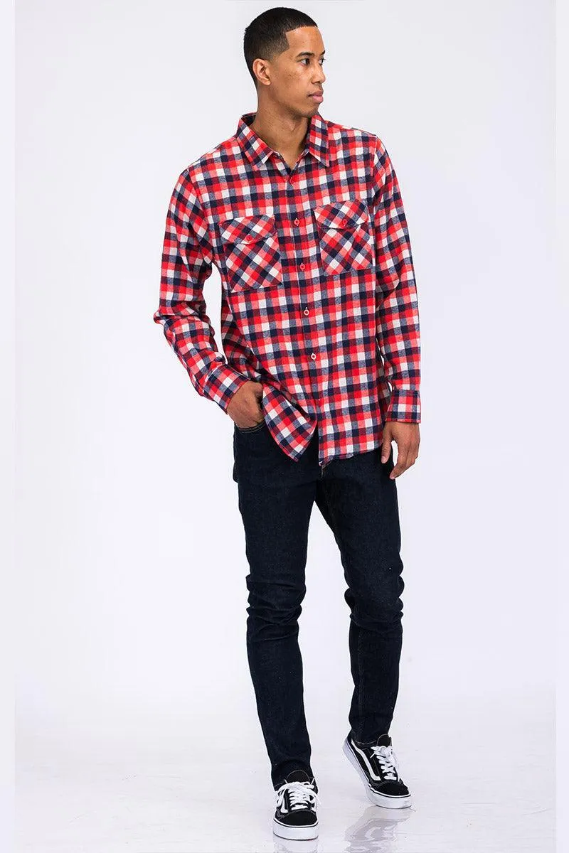 Red Blue Plaid Flannel Shirt Button Down Long Sleeve