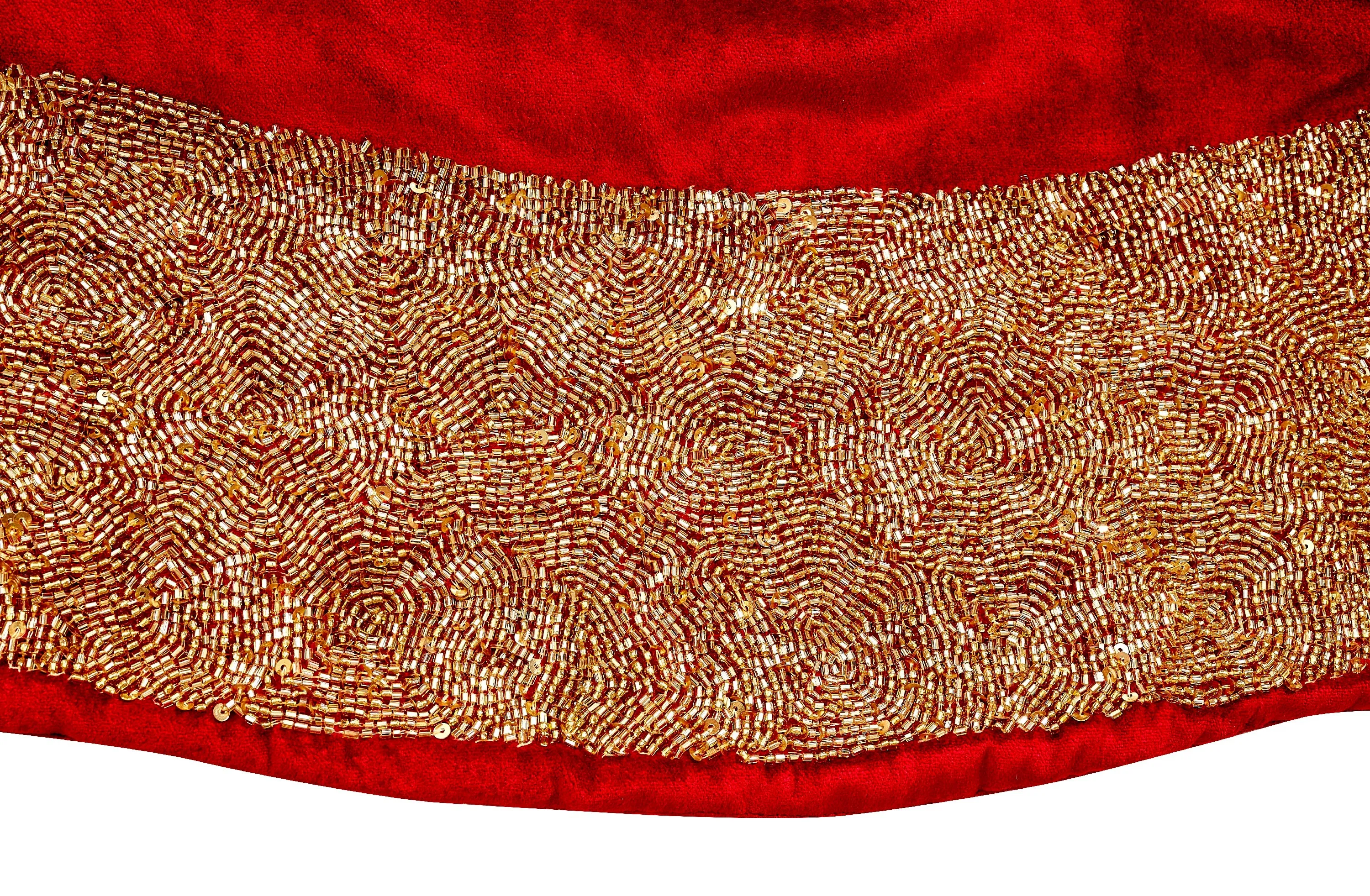 Red Velvet Christmas Tree Skirt with Hand Beaded Gold Border - 60" / 72"