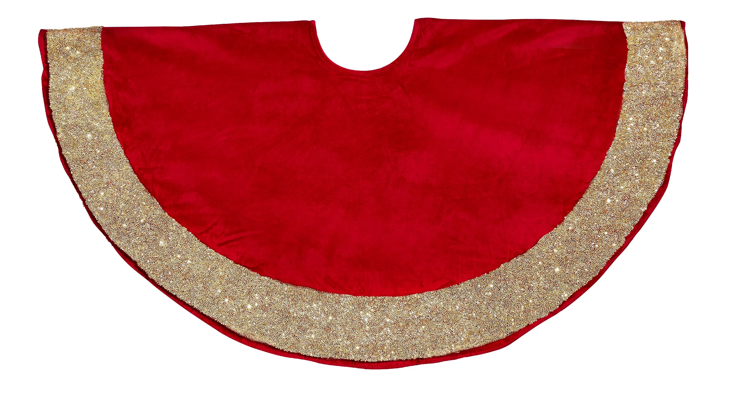 Red Velvet Christmas Tree Skirt with Hand Beaded Gold Border - 60" / 72"