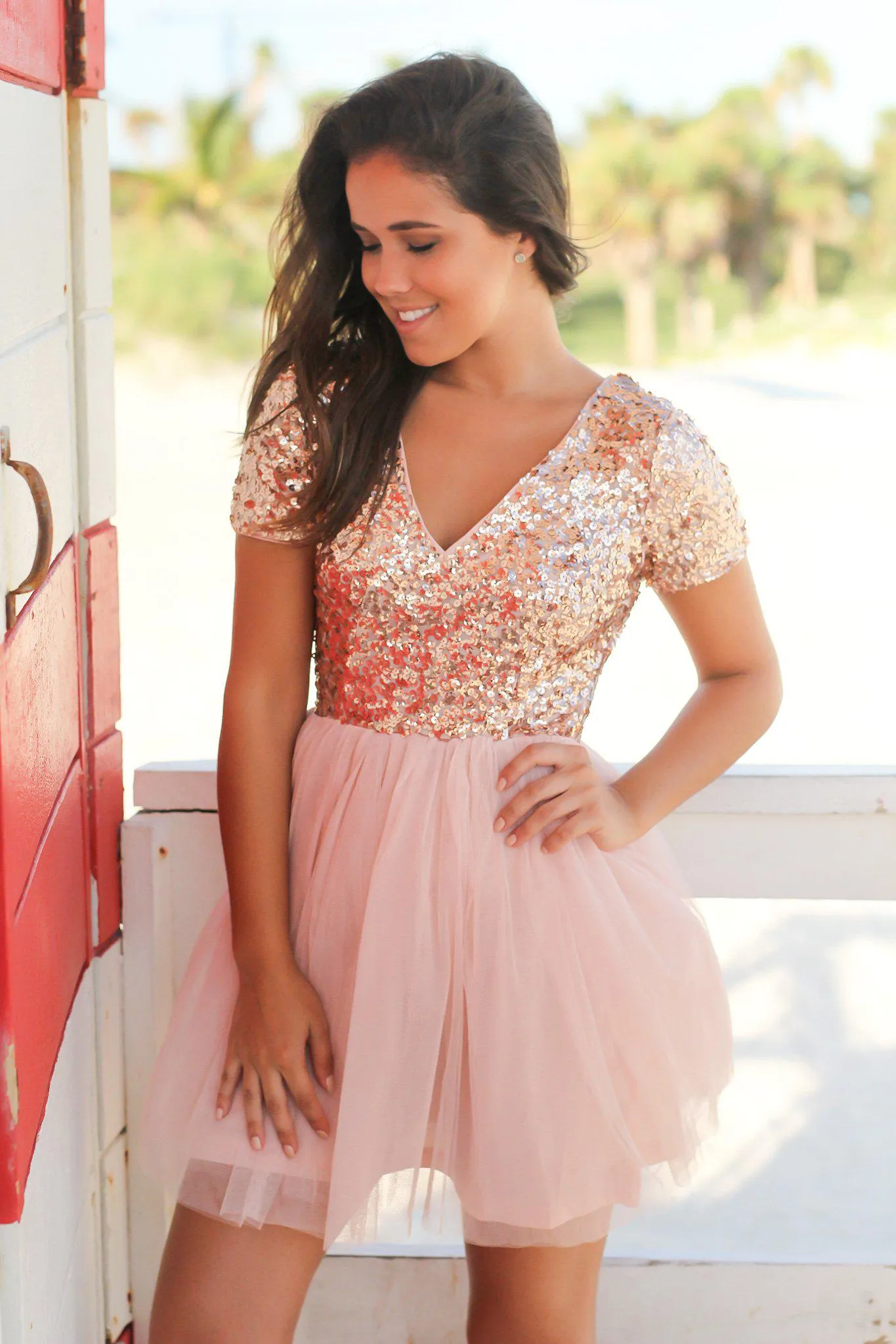 Rose Gold Sequin Top Short Dress