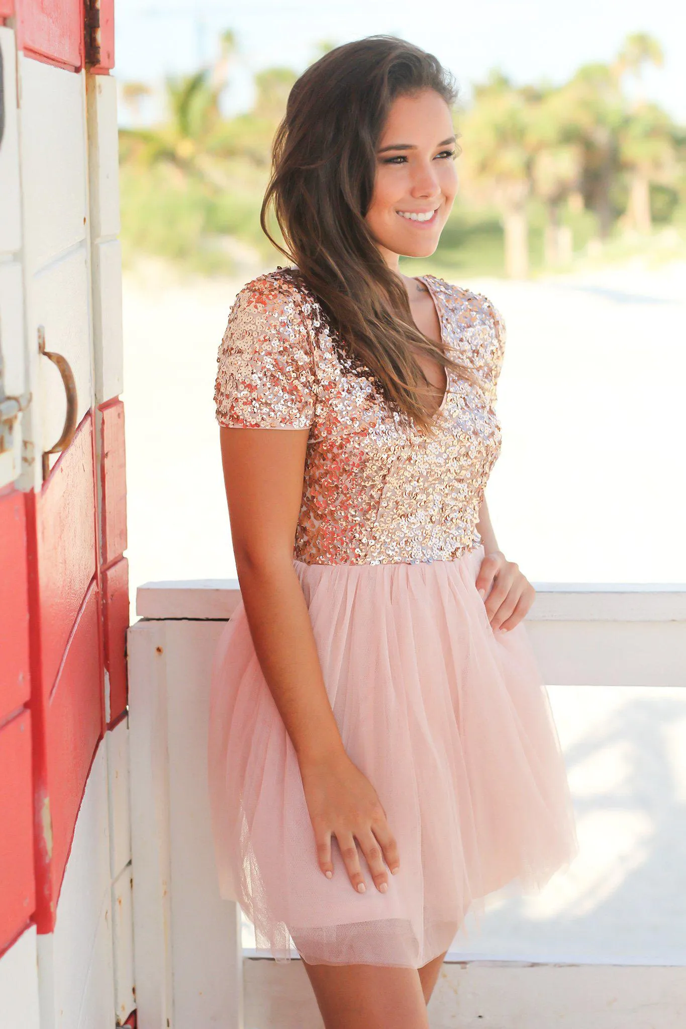 Rose Gold Sequin Top Short Dress