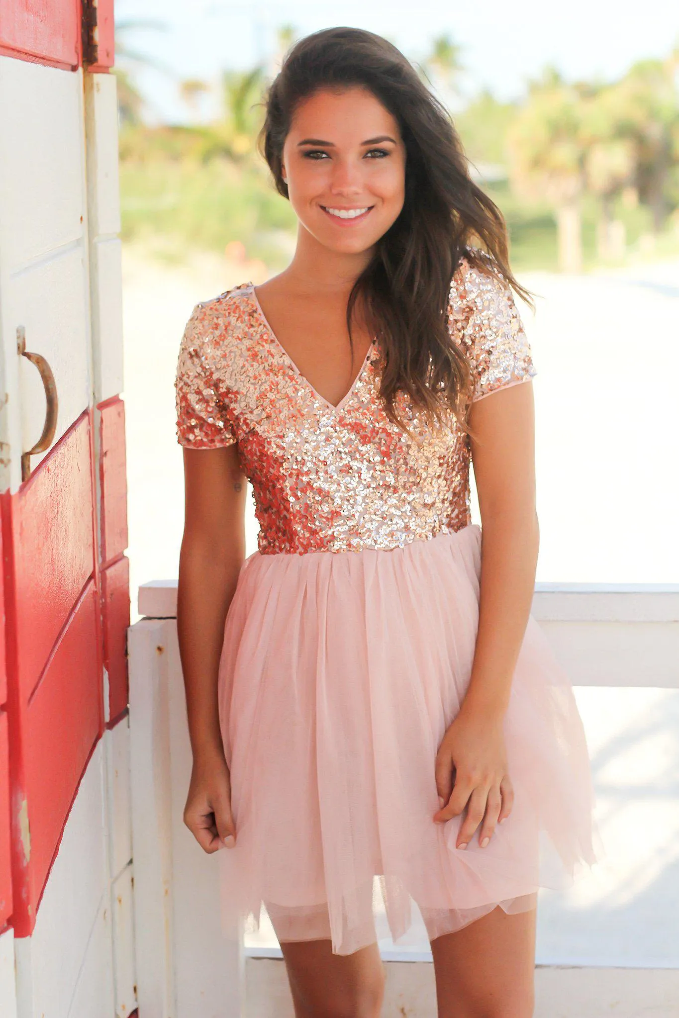 Rose Gold Sequin Top Short Dress