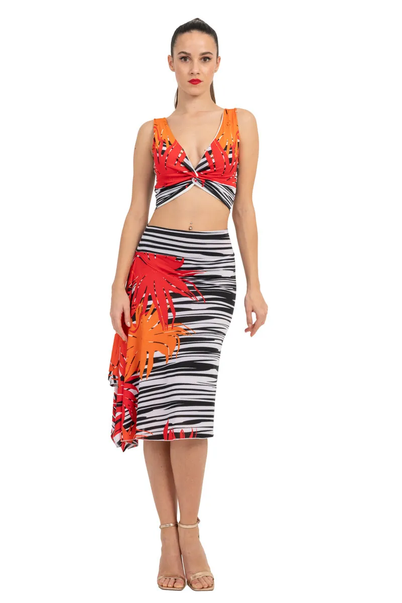 Striped Floral Twist Knot V-neck Crop Top