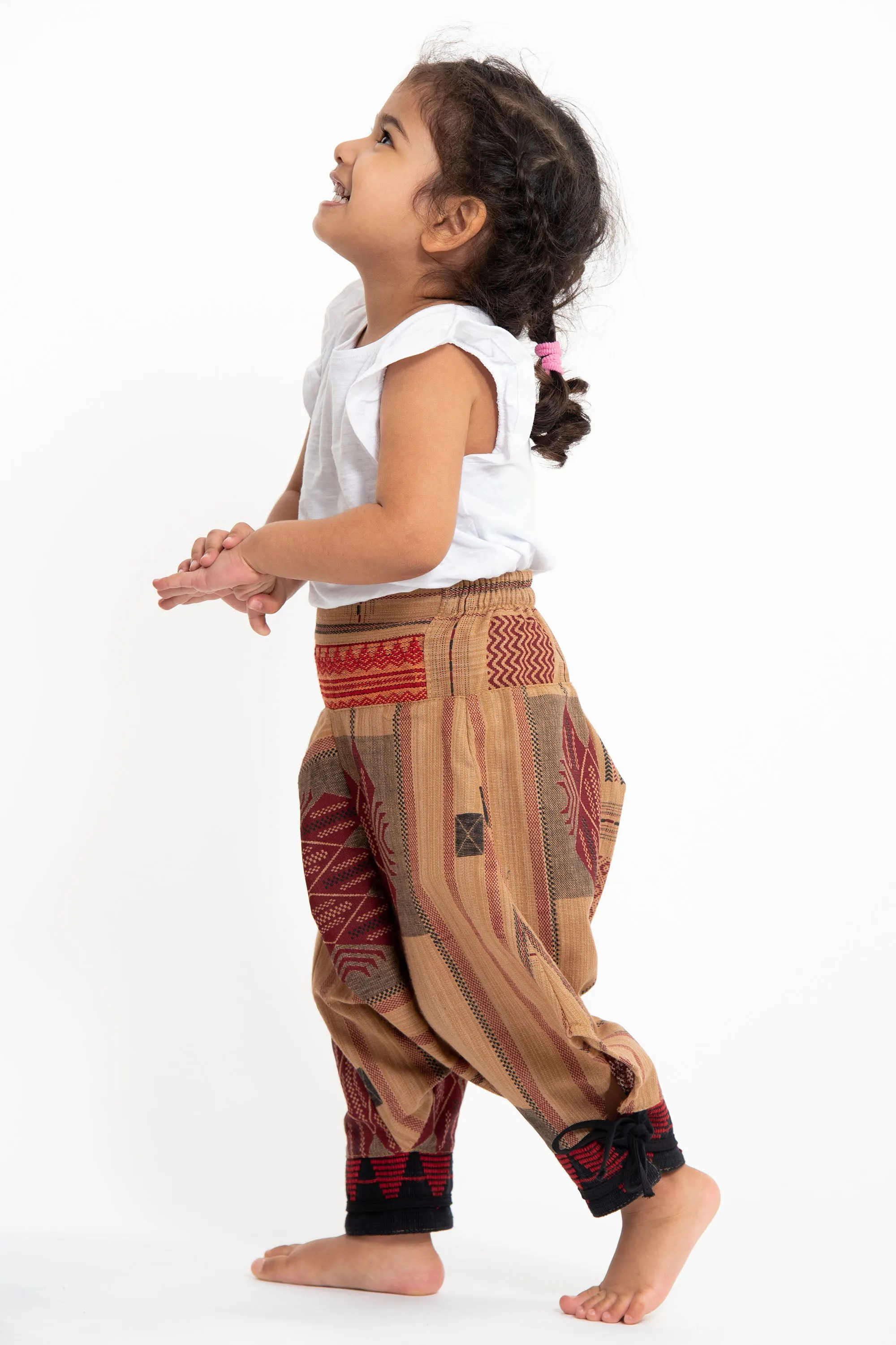 Thai Hill Tribe Fabric Kids Harem Pants with Ankle Straps in Beige