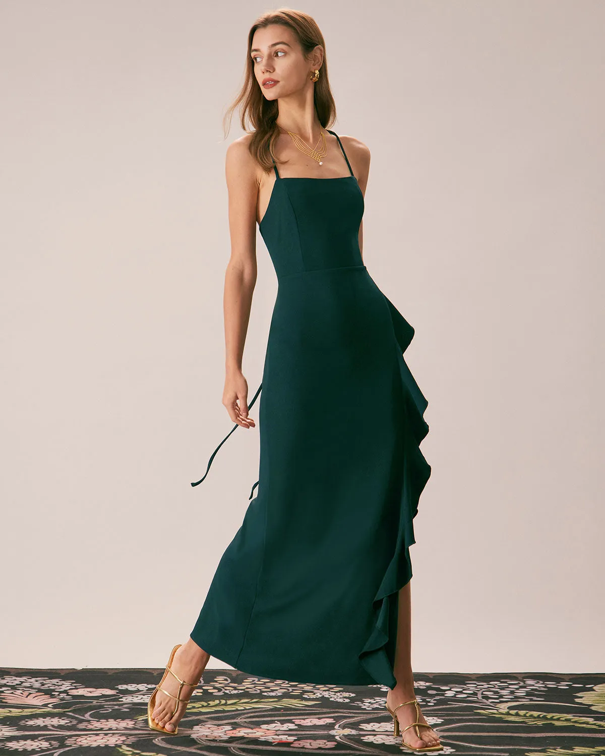 The Green Ruffle Cross Back Strap Maxi Dress