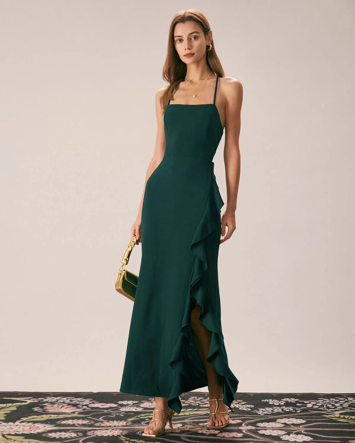 The Green Ruffle Cross Back Strap Maxi Dress