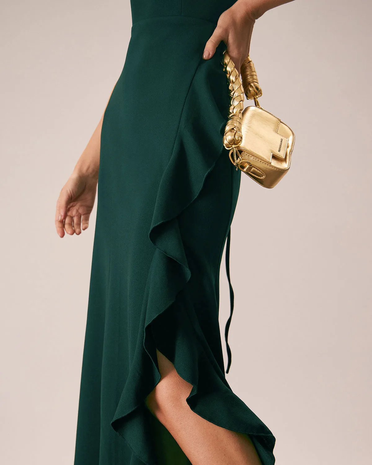 The Green Ruffle Cross Back Strap Maxi Dress