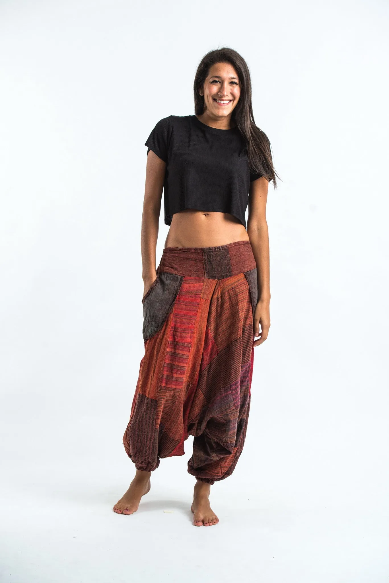 Unisex Cotton Patchwork Harem Pants Multi Brick