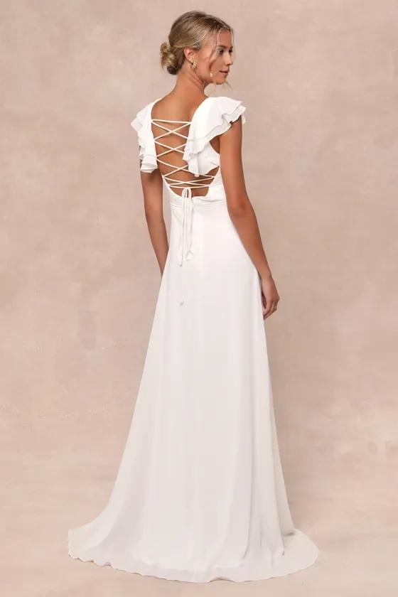 White Pleated Flutter Sleeve Lace-Up Chiffon Maxi Dress Wedding Dresses