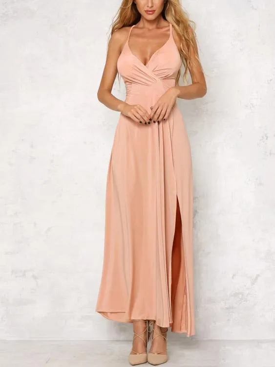 Wholesale Apricot Tube Top Sleeveless Backless Spaghetti Strap Slit Hem Maxi Dresses