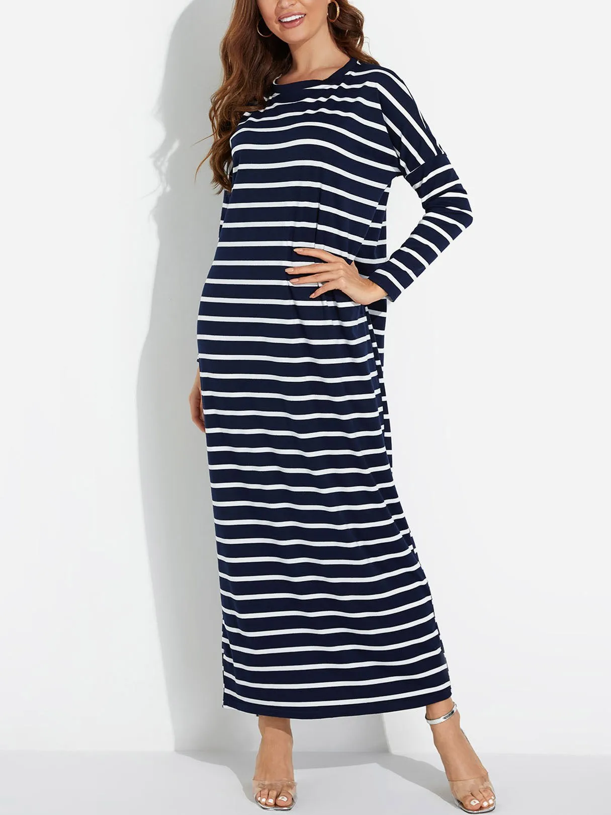 Wholesale Black Round Neck Long Sleeve Stripe Maxi Dress