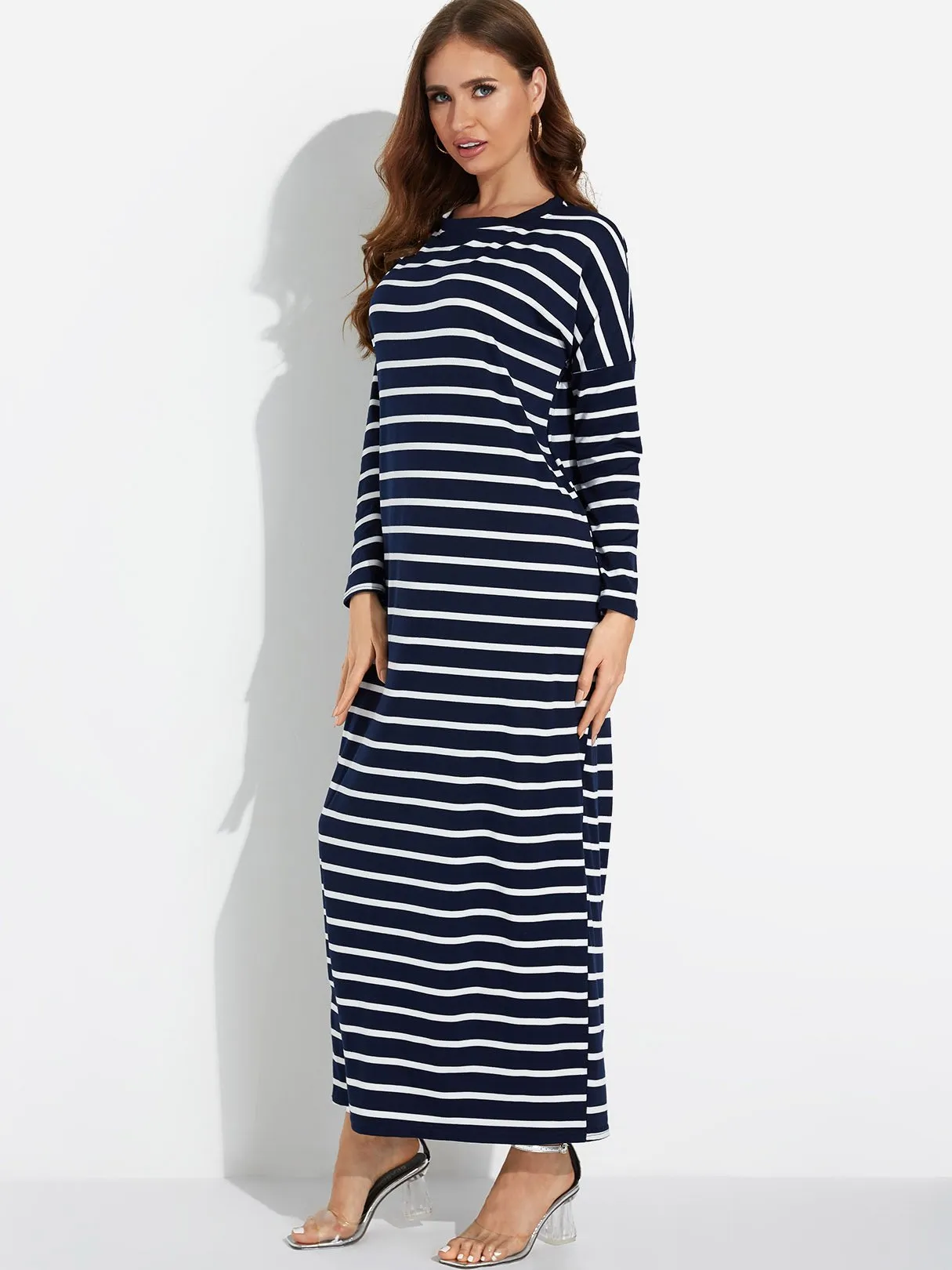 Wholesale Black Round Neck Long Sleeve Stripe Maxi Dress