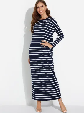 Wholesale Black Round Neck Long Sleeve Stripe Maxi Dress