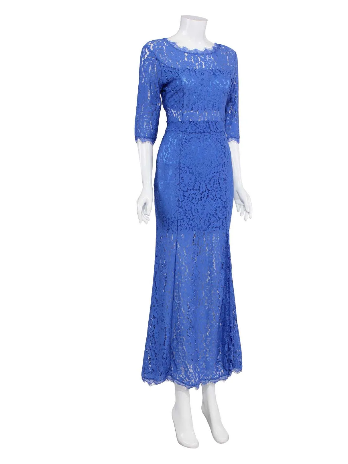 Wholesale Blue Half Sleeve Plain Lace Slit Hem Maxi Dresses