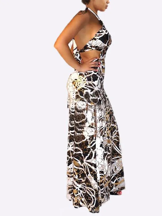 Wholesale Halter Sleeveless Floral Print Backless Slit Hem Maxi Dress