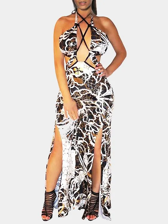 Wholesale Halter Sleeveless Floral Print Backless Slit Hem Maxi Dress