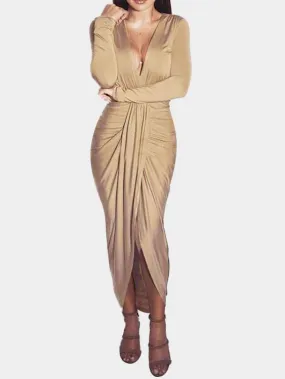 Wholesale Khaki V-Neck Long Sleeve High Waist Maxi Dress