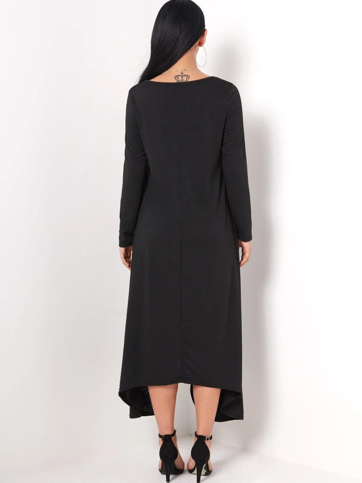 Wholesale Round Neck Plain Side Pockets Long Sleeve Black Maxi Dress