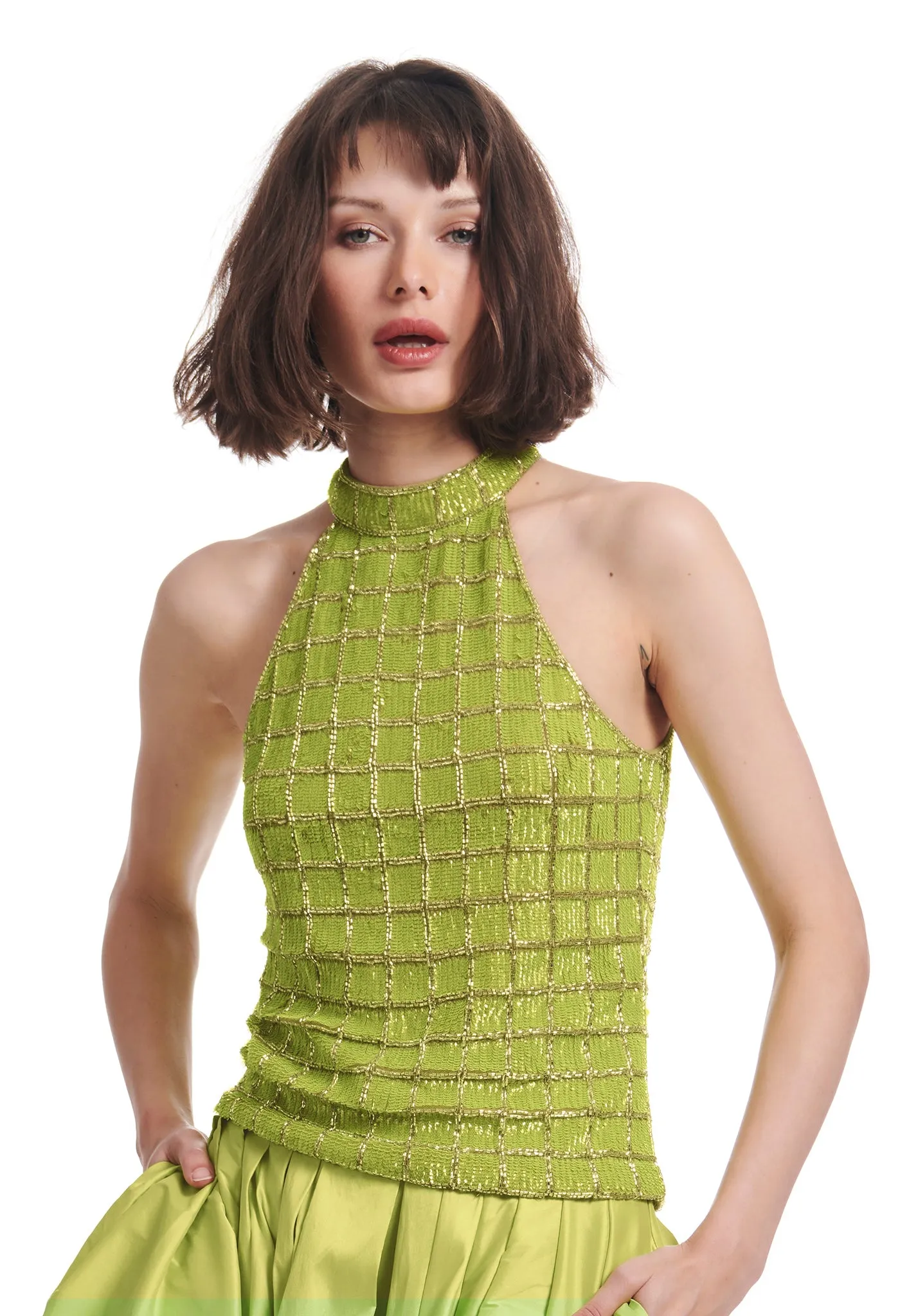 WINDOWPANE SEQUIN MOCK-NECK TOP