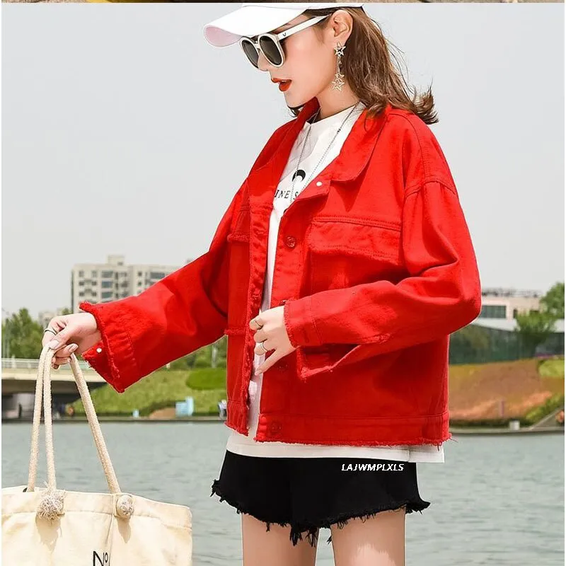 Women Black Denim Jackets Candy Color