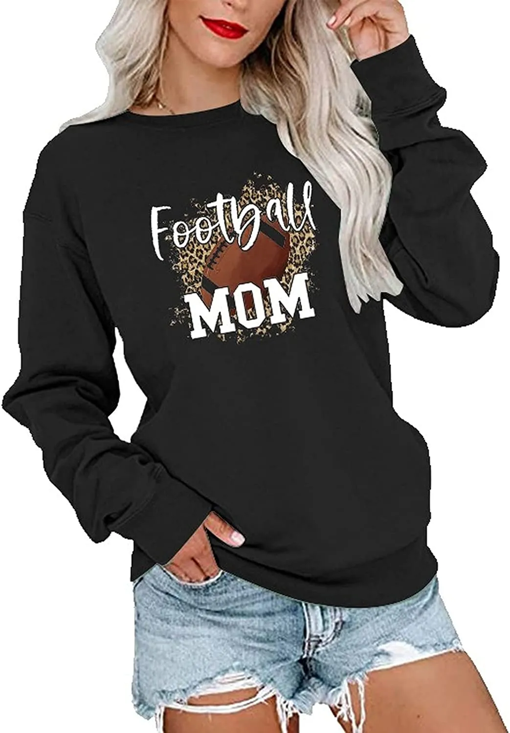 Women Football Mom Sweatshirt Leopard Print Long Sleeve Shirt