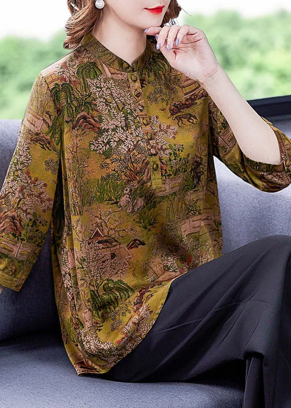 Yellow Print Silk Shirts Tops Stand Collar Button Summer LY0433