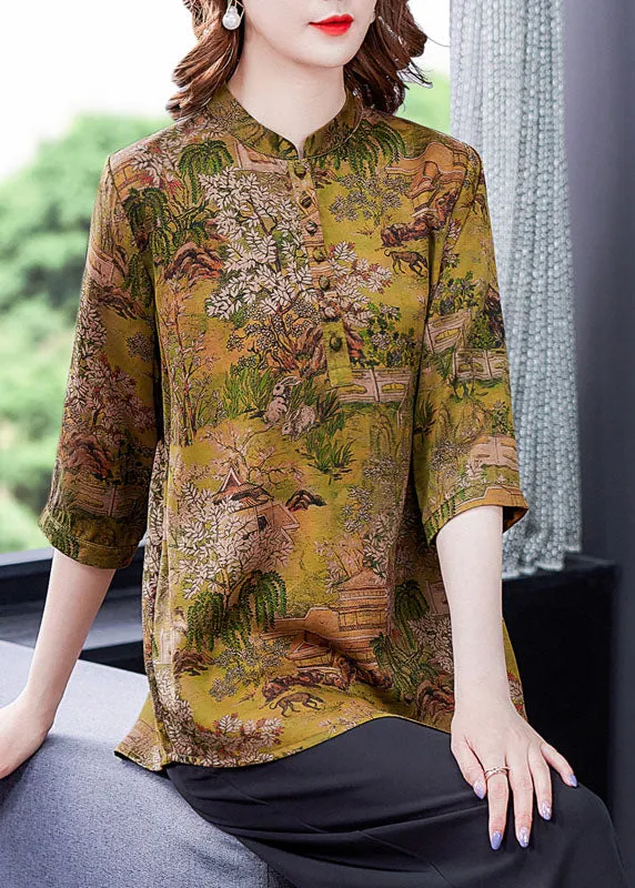 Yellow Print Silk Shirts Tops Stand Collar Button Summer LY0433